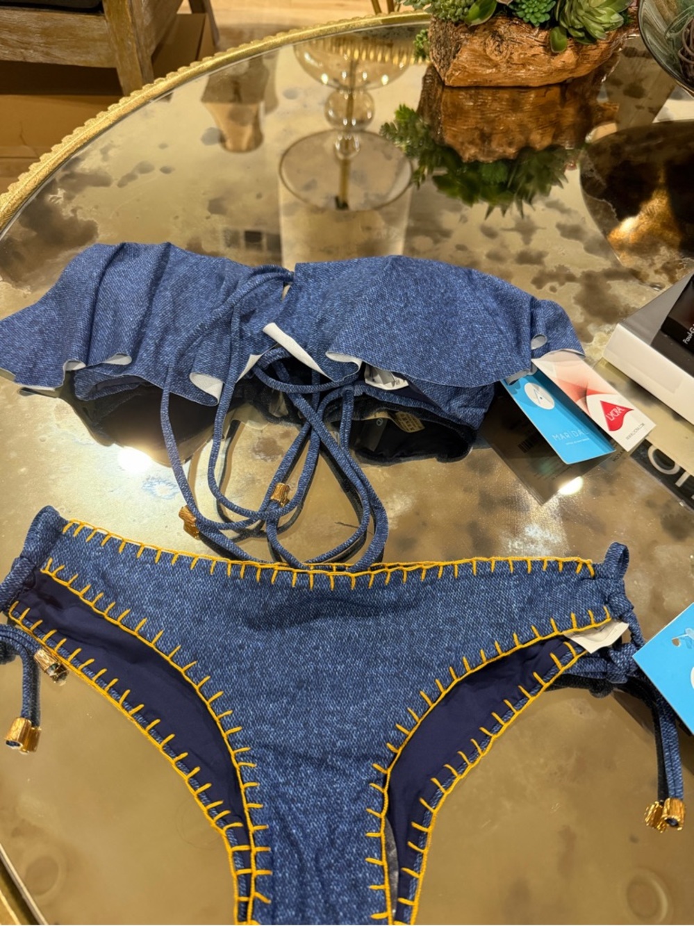 Mar Dali Blue Denim look Two-Piece Bikini with Yellow Contrast Stitching